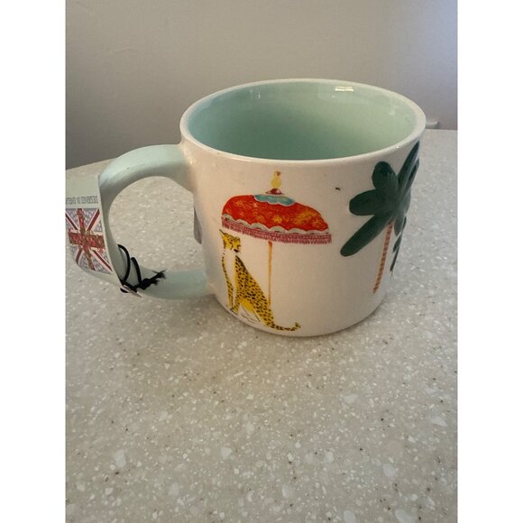Portmeirion Sara Miller Safari Cheetah Coffee Mug 14oz Mint Green Interior Porce - Picture 3 of 5